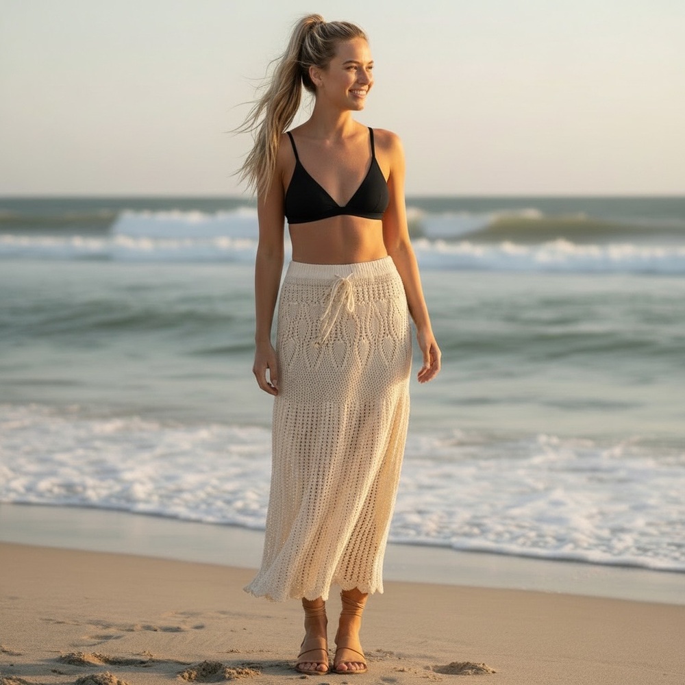 NWT Dotti Women’s Crochet Maxi Skirt Swim Cover Up Resortwear Vacation Beach